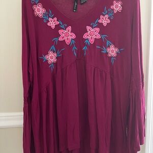 new directions Burgundy Floral Embroidered V-Neck Blouse